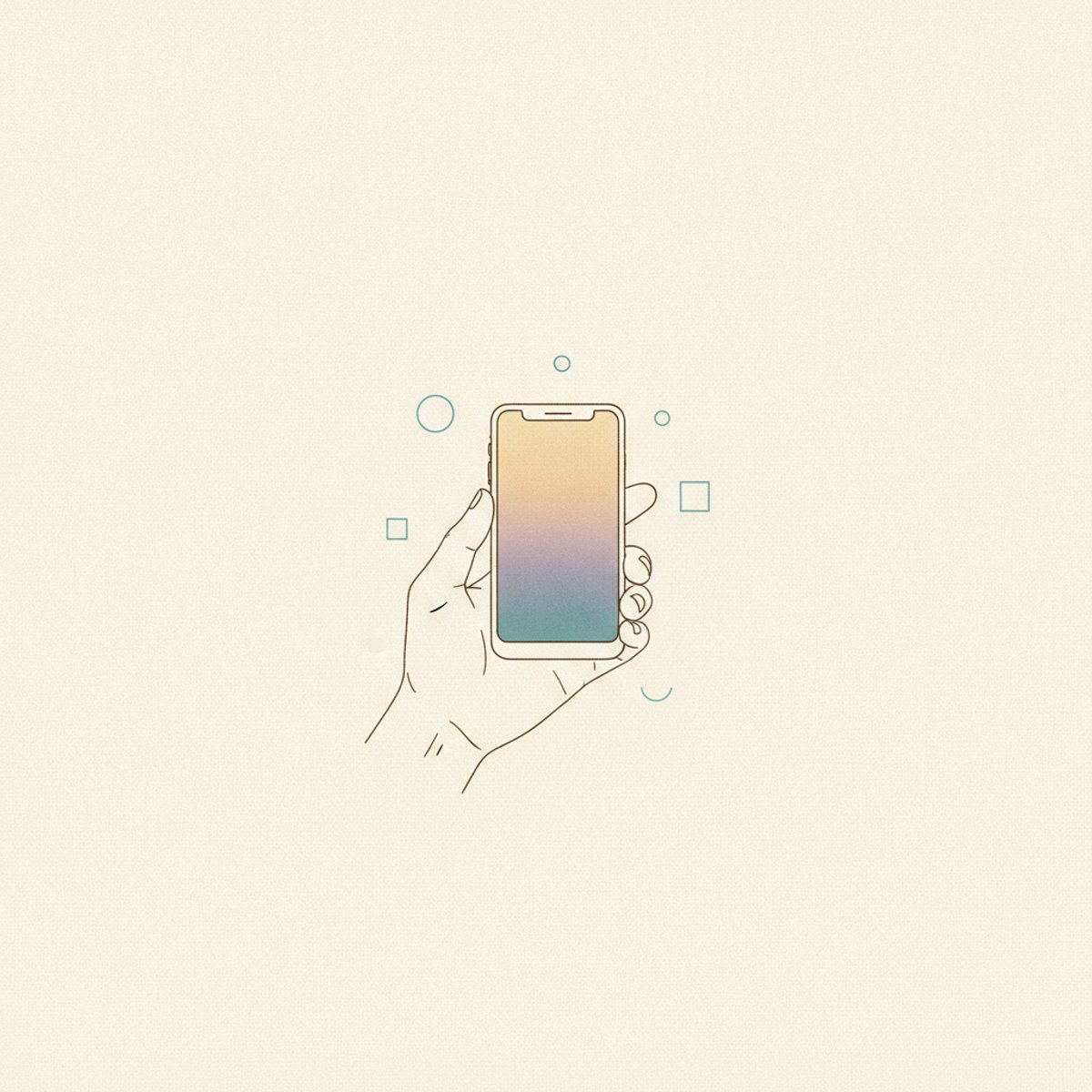A calm hand holding a phone with a soft dawn-coloured screen, a few orderly shapes around it, on warm paper.