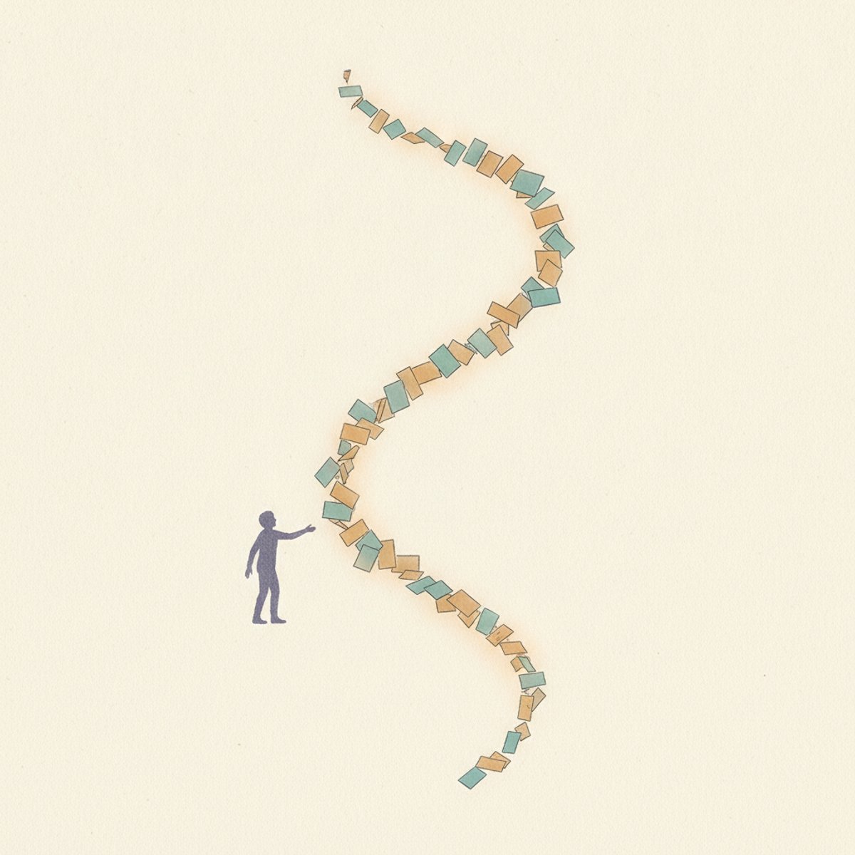 A small figure reaching toward an endless ribbon of feed cards spiralling away, in soft muted tones on warm paper.
